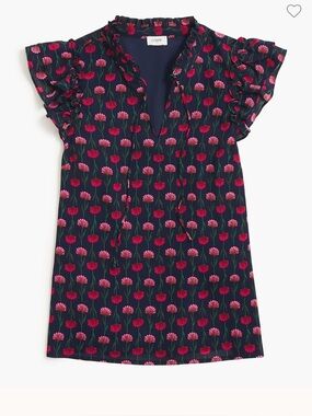 J.Crew Navy Floral Ruffle Shoulder Top Split Neck Flutter Sleeve Blouse S